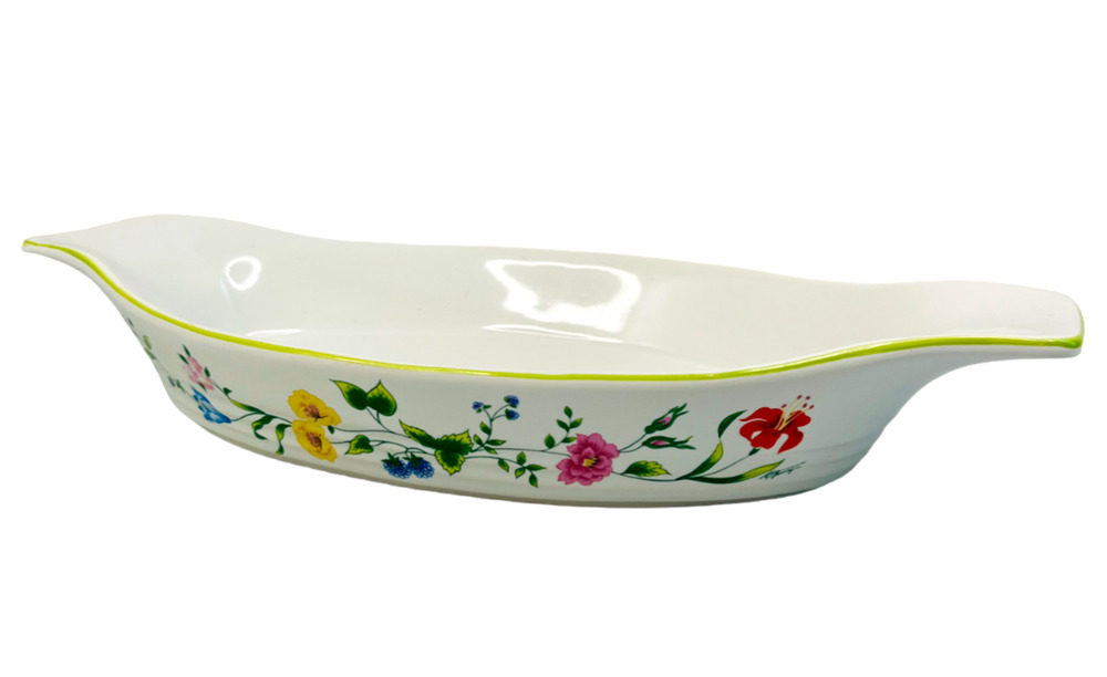 Vintage Au Gratin Baking Dish Pamela Action Japan Floral Oval Stoneware 13" L